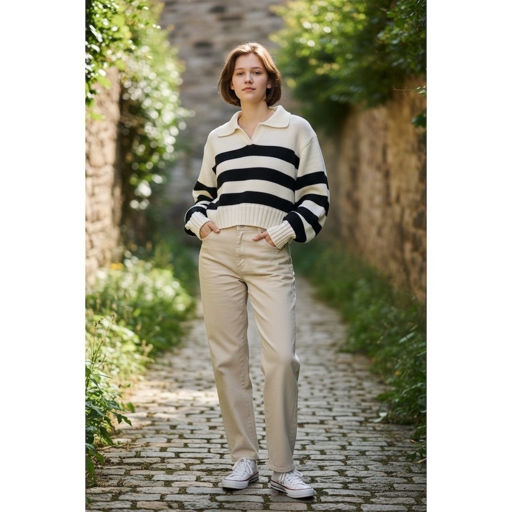 Calypso St Barth Sweater Womens S Ivory Black Striped Cropped Polo Cotton